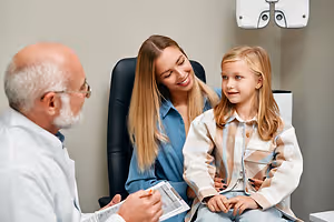 A girl and her mother sitting next to a dentist in an office while the dentist looks at a paper in his hand