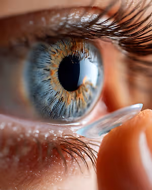 Close up of a person's eye with a contact lens being inserted