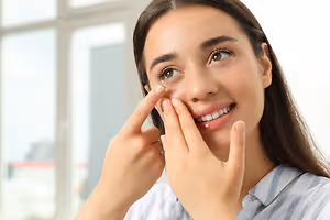 A woman wearing a striped shirt inserts a contact lens into her eye.
