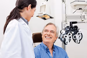 An optometrist is examining a patient's eyes using a machine