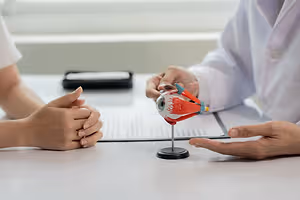 Doctor demonstrating eye model to patient