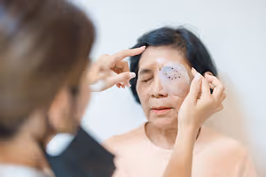 A woman with an eye patch is having her eye examined by a medical professional.