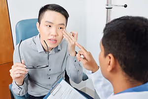 A male doctor is examining a patient's eye while holding a pen and a pair of glasses.