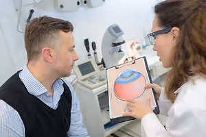 An eye doctor discusses eye health with a patient using an eye chart and a microscope in the background