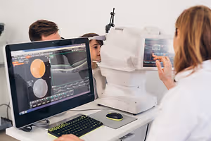 A woman is doing an eye exam on a young girl using a computer and a machine with a screen