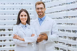 Two people in white coats stand in front of shelves of glasses.