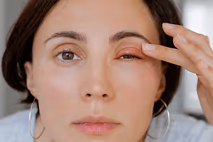 A woman touching her swollen eye with her right hand