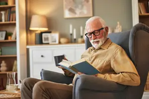 An older man sitting in a chair reading a book with a cup on the table