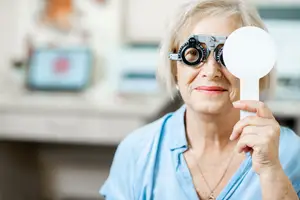 A woman wearing glasses with a white lens on top is looking into the distance, maybe at the camera.