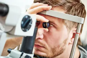 A man examines his eye using a magnifying instrument, possibly in a clinic or office setting.