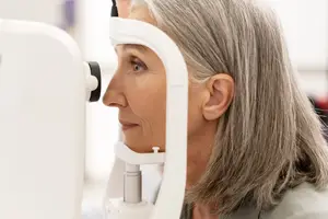 Old woman having her eyes checked by a doctor