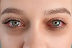 close up of a woman with red eyes and a swollen eyelid