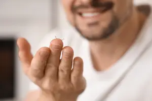 Man holding a contact lens and smiling