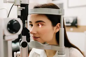 A woman is undergoing an eye examination in a clinic.