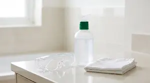 Clear protective eyewear, a solution bottle, and folded white cloth on a countertop