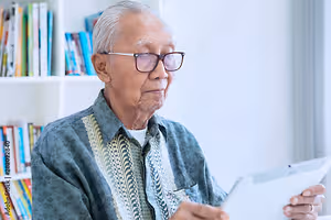 An elderly man is sitting and reading a document in front of a shelf with books.