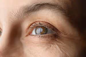 Close-up of a person's eye with wrinkles around the eye and eyelashes