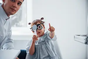 A young girl wearing a magnifying glass and glasses is sitting on a chair and pointing at a man who is sitting on a couch with a laptop.