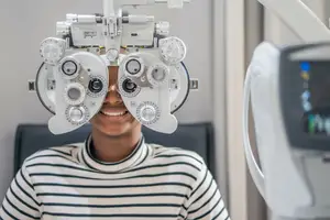 A woman with a striped shirt is smiling while sitting in front of an eye examination machine.
