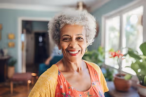 A smiling elderly woman with gray hair in a yellow shirt is standing in a room with a window and potted plants.