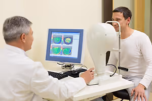 A doctor showing a patient a computer screen with an eye image on it
