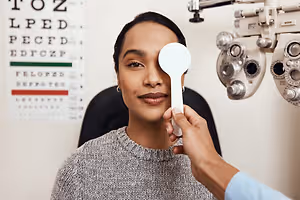 A woman is getting her eyes checked by a doctor in a clinic with an eye chart on the wall