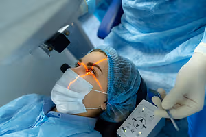 A woman undergoing laser eye surgery in a clinic with medical professionals present