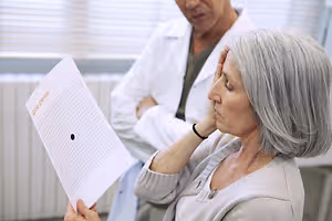 An elderly woman holds a document while her head is in her hand, possibly discussing her eye exam results with a doctor