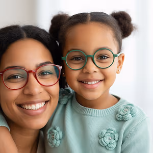 A smiling adult woman and a young girl wearing glasses