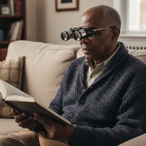 An elderly man wearing a sweater is reading a book while sitting on a couch and wearing binoculars