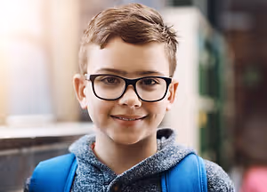 A smiling young boy with glasses and a backpack
