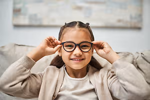 A young girl is smiling while wearing glasses and holding them up to her eyes.