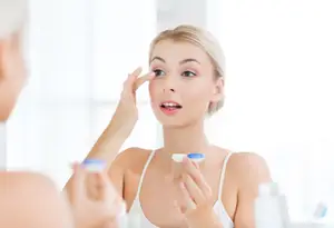 A woman with a smile on her face is wearing a white sleeveless top and is probably looking at her reflection in the mirror while touching her eyes with her left hand. She is holding a blue and white object in her right hand, maybe a contact lens.