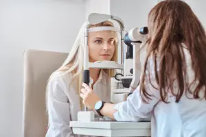 A woman is having her eyes examined by an optometrist in a clinic.
