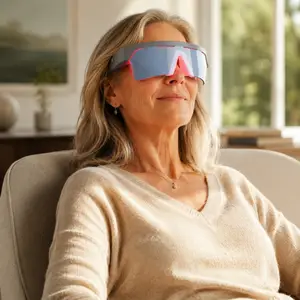 An older woman wearing light therapy glasses is sitting in a chair in a room with windows and a plant on a table.