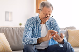 An older man wearing glasses is sitting on a couch while holding a smartphone and seems to be texting or browsing something on it.
