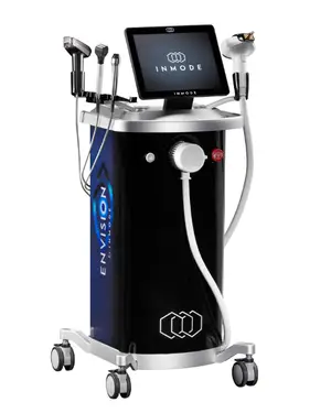 An image of an INMODE ENVISION machine with a screen and wheels.