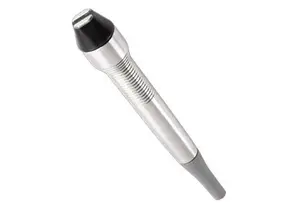 A black and silver electric toothbrush on a white background
