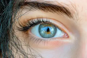 A close up of a woman's eye with brown lashes and a blue iris