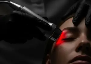 A woman getting a red laser treatment on her face in a salon.