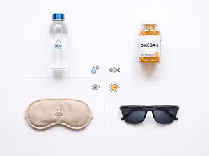 Flat lay of a water bottle, Omega-3 supplement bottle, sunglasses, eye mask, and icons for water, fish, eye protection, and sleep