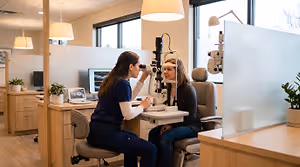 a woman is having her eyes examined by an optometrist
