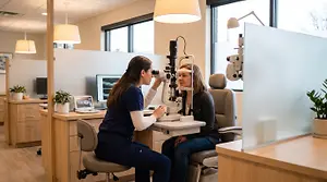 a woman is having her eyes examined by an optometrist
