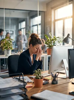 A woman sitting at her desk in an office appears stressed as she covers her face with her hands.