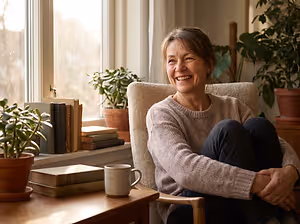 A woman sitting in a chair next to a window and smiling