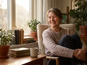 A woman sitting in a chair next to a window and smiling