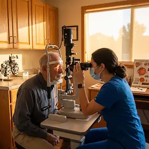 A person is sitting in front of an ophthalmoscope machine while an elderly man is sitting in front of him. The person is wearing a mask and a blue shirt. The elderly man is wearing a blue long-sleeved shirt and a black belt. There is a desk behind the elderly man with a computer monitor, a pen, and a piece of paper on top.