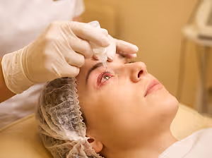 A woman is lying on a chair while a beautician is applying a dry eye treatment on her eyes with a dropper.