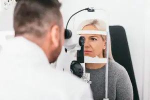 A man using a medical eye instrument to look into the eye of a woman sitting in a chair