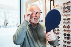 A man is holding a blue circular object in his right hand and wearing glasses in his left hand while smiling in front of a shop that sells sunglasses.